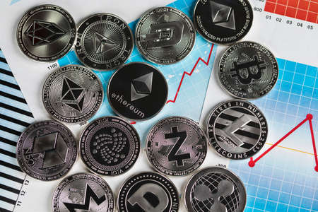 Cryptocurrencys new digital money, Bitcoin, litecoin, etherium coins close upの写真素材