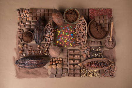 Bars Chocolate, candy sweet, dessert food on natural paper backgroundの写真素材