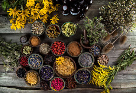 Natural remedy, healing herbs backgroundの写真素材