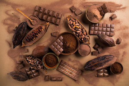 Cocoa pod and chocolate bar and food dessert background