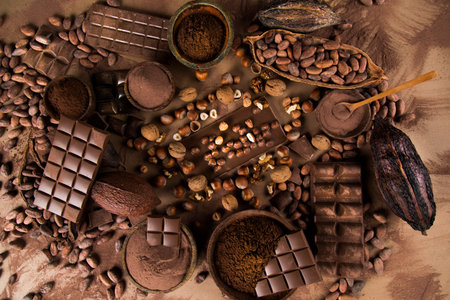 Assorted chocolate bar, candy sweet, cocoa pod