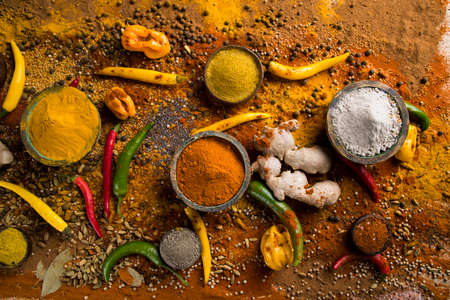 Spices and herbs selection on wooden backgroundの写真素材