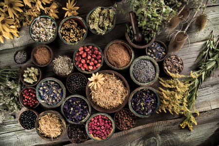 Alternative medicine, dried herbs backgroundの写真素材