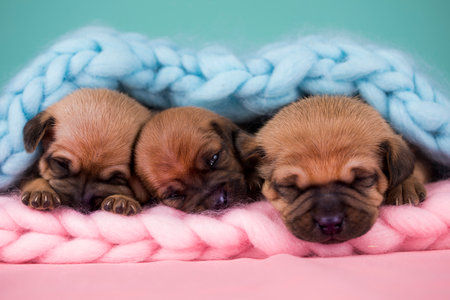 Three little puppies in a blue knitted scarf on a pink backgroundの写真素材