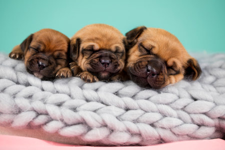 Adorable three weeks old puppies of Rottweiler breed sleeping on a soft knitted blanketの写真素材