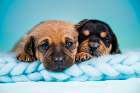 Two cute puppies of the dachshund on a blue backgroundの写真素材