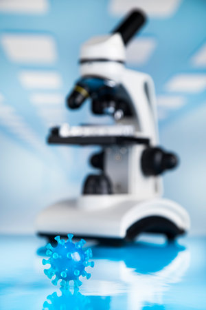 Microscope and virus on blue background. Coronavirus conceptの写真素材