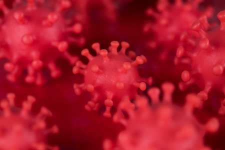 Red Coronavirus COVID-19 cells close-up. 2019-nCoV virus.