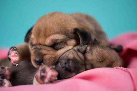 Newborn puppies sleeping on a pink blanket. Shallow depth of fieldの写真素材