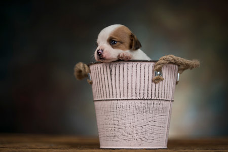 Funny Chihuahua puppy poses in a pot on a wooden tableの写真素材
