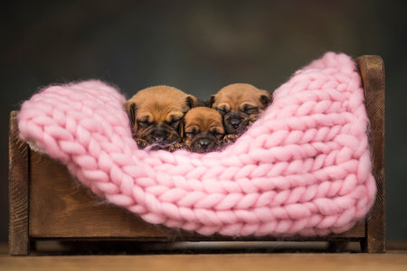 Dogs sleep on a small wooden bedの写真素材