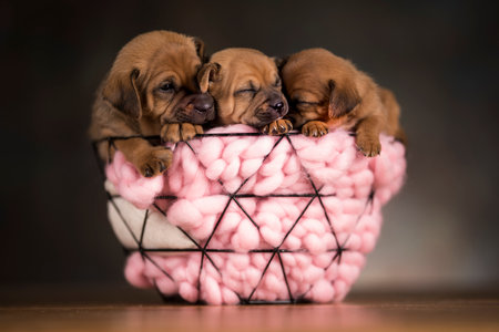 Sleeping dogs in a metal basketの写真素材