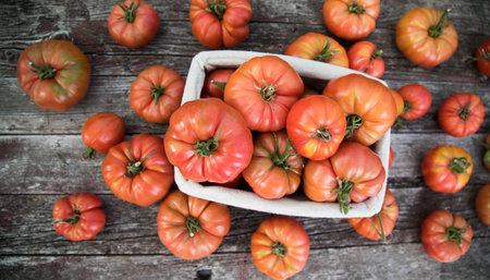 Red tomatoes in a basket on a wooden background. Top view.の写真素材