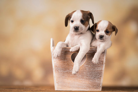 Two puppies of breed Jack Russell Terrier in a wooden box.
