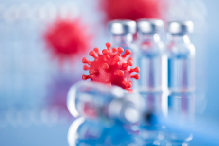 Bottles coronavirus vaccine, pandemic backgroundの写真素材