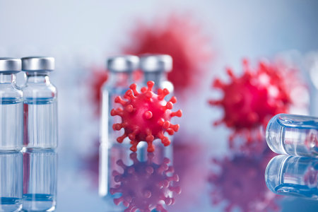 Bottles of Vaccine and syringe, pandemic backgroundの写真素材