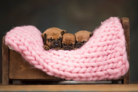 Newborn puppies in a pink knitted scarf on a dark backgroundの写真素材
