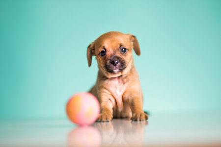 Cute little chihuahua puppy with pink ball on blue backgroundの写真素材