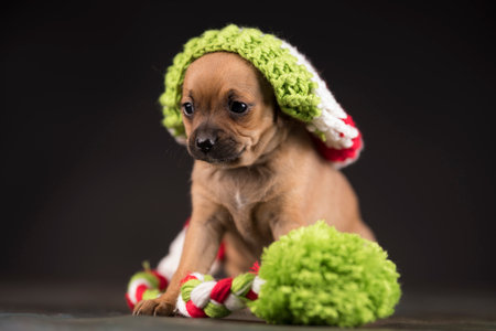 Cute puppy dressed as a christmas elf on black background.の写真素材