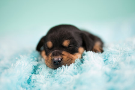 Cute black puppy on a turquoise background. The concept of a happy childhood.の写真素材