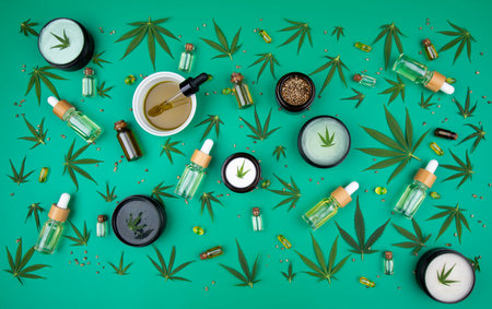 Cannabis oil and hemp leaves on green background. Flat lay, top viewの写真素材