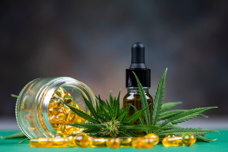 CBD oil, cannabis and hemp leaves, medical marijuana conceptの写真素材