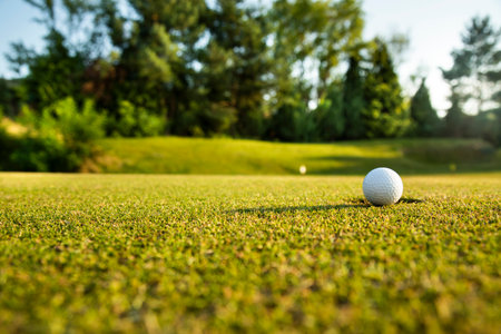 Golf ball on green course in the forestの写真素材