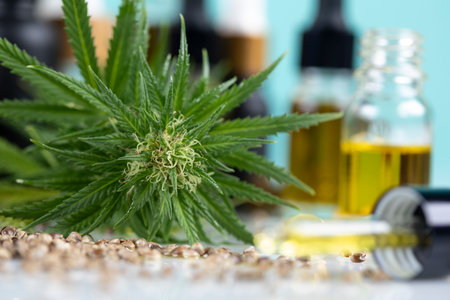 CBD oil in a glass bottle, with a pipette, Medical marijuana conceptの写真素材