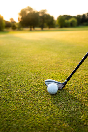 Golf player playing in a golf club on a beautiful sunset in the evening