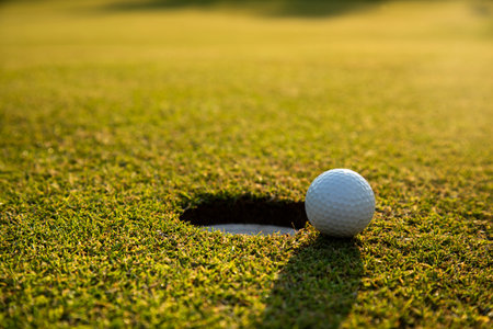 Closeup Golf ball on green grass on courseの写真素材