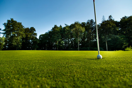 Sport and lifestyle, Golf ball on green grass on courseの写真素材