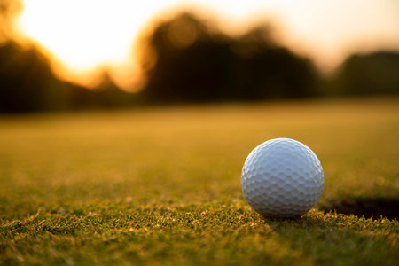 Close up of golf ball on green grass, Sport and lifestyleの写真素材