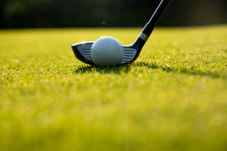 Playing a golf on a beautiful sunset in the eveningの写真素材