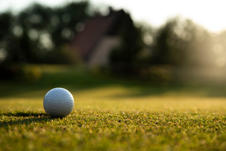 Golf course with ball and grassの写真素材