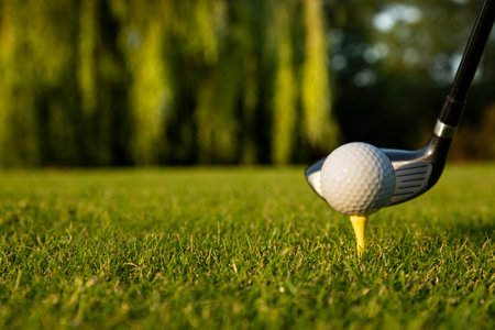 Golf player playing in a golf club on a beautiful sunset in the eveningの写真素材