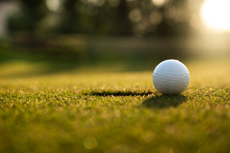 Closeup Golf ball on green grass on courseの写真素材