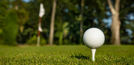 Golf ball on green course in the forestの写真素材
