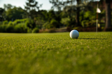 Golf ball on green course in the forestの写真素材
