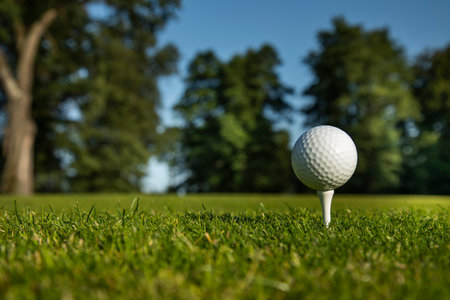 Close up of golf ball on green grassの写真素材