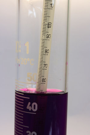 Clear graduated cylinder filled with violet liquid with thermometer on gray background