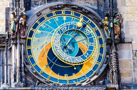 Old medieval astronomical clock (Orloj) in Prague on the Old Town Square.の写真素材