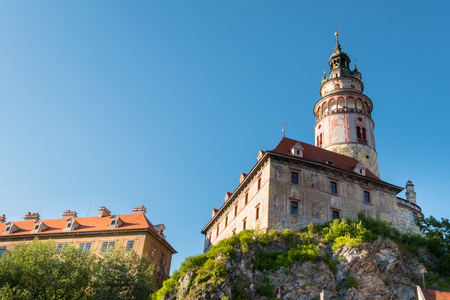 Beautiful photo of castle complex Cesky Krumlov in Czech Republic. Castle against clean blue sky taken on summer.のeditorial素材