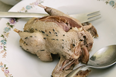 Roast pigeon on a plate ready for dinning. Close-up shot.の写真素材