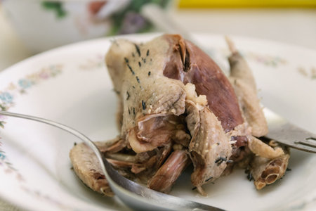 Roast pigeon on a plate ready for dinning. Close-up shot.の写真素材