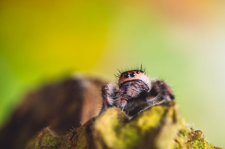A female jumping spider (Phidippus regius) crawling on a dry leaf. Autumn warm colors, macro, sharp details. Beautiful huge eyes are looking at the camera.の写真素材