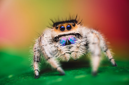 Female jumping spider (Phidippus regius) crawling on a green leaf. Autumn warm colors, macro, sharp...