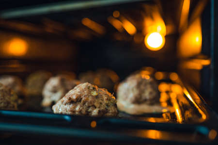 View into the oven on the baking tray for meatballs. Little light, light only from the oven. Shallow depth of field, blurred background.の写真素材
