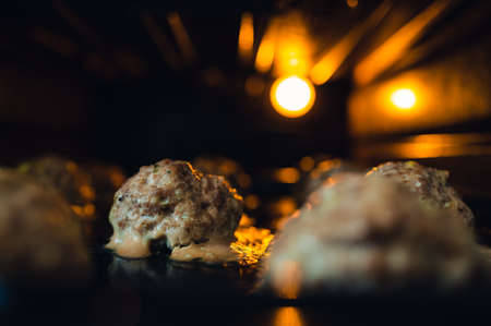 View into the oven on the baking tray for meatballs. Little light, light only from the oven. Shallow depth of field, blurred background.の写真素材
