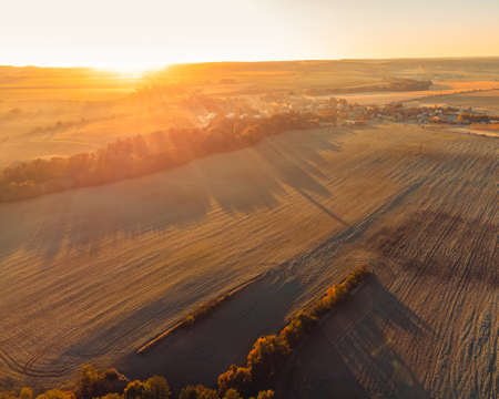 Aerial top-down view of autumn landscape at sunrise. There is a fine haze above the ground.の写真素材