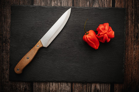 Red hot chili Habanero peppers on a slate cutting board on a dark wooden table with a knife. Top...